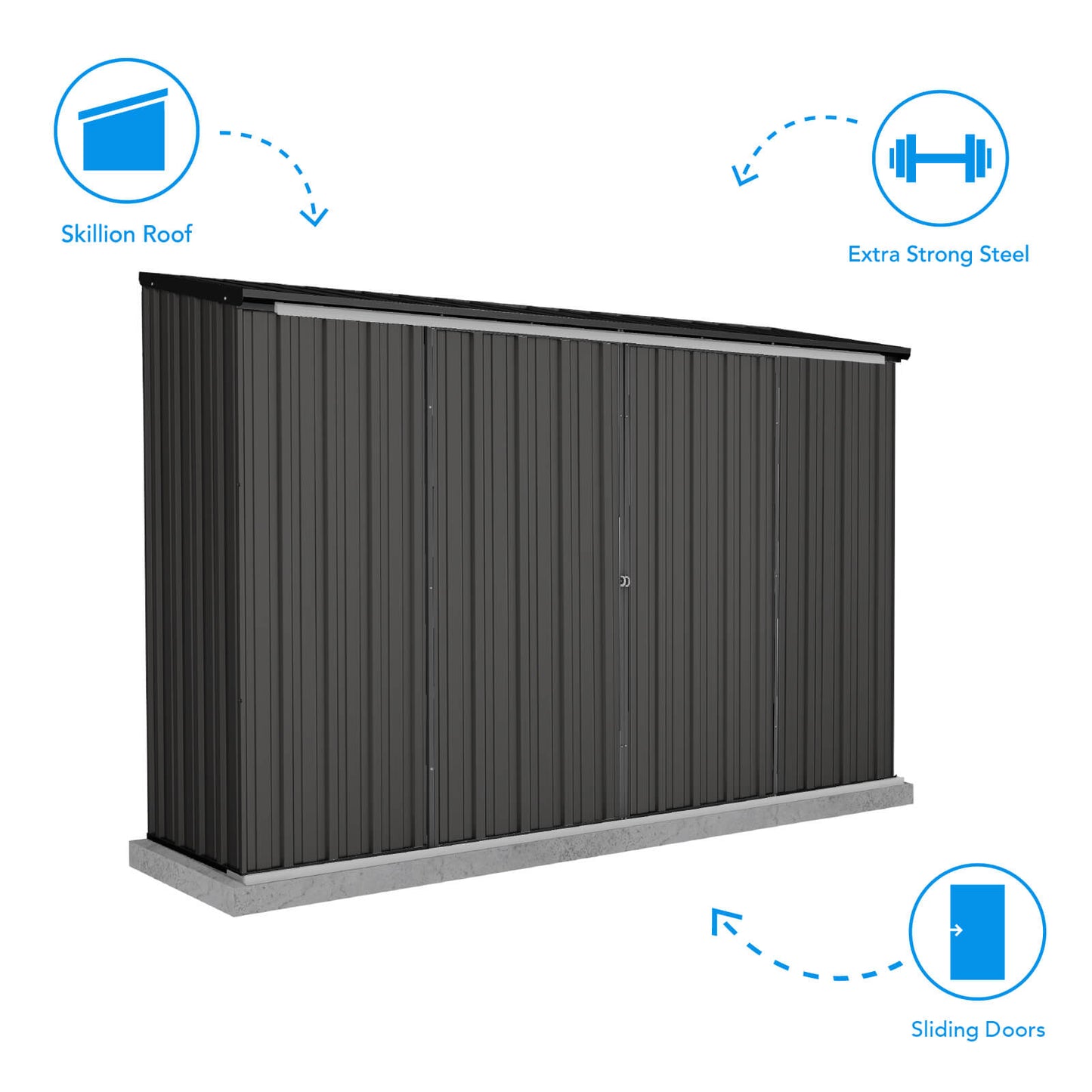Absco Sheds 3.00mW x 0.78mD x 1.95mH Ezislider Garden Shed - Double Sliding Doors Monument with MN Channels