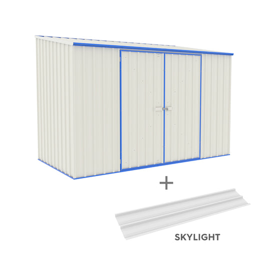 Absco Sheds 3.00mW x 1.52mD x 2.08mH Spacesaver Garden Shed - Double Door Surfmist with Blue Channels and Skylight